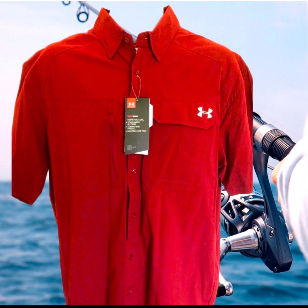 Under Armour Large L UPF 50+ maroon moisture wick vented button logo shirt NWT